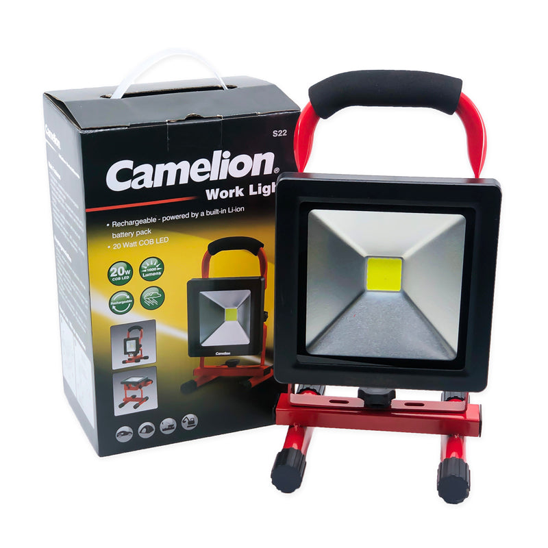Camelion Luz de trabajo recargable LED COB S22 de 20 W con soporte de apoyo