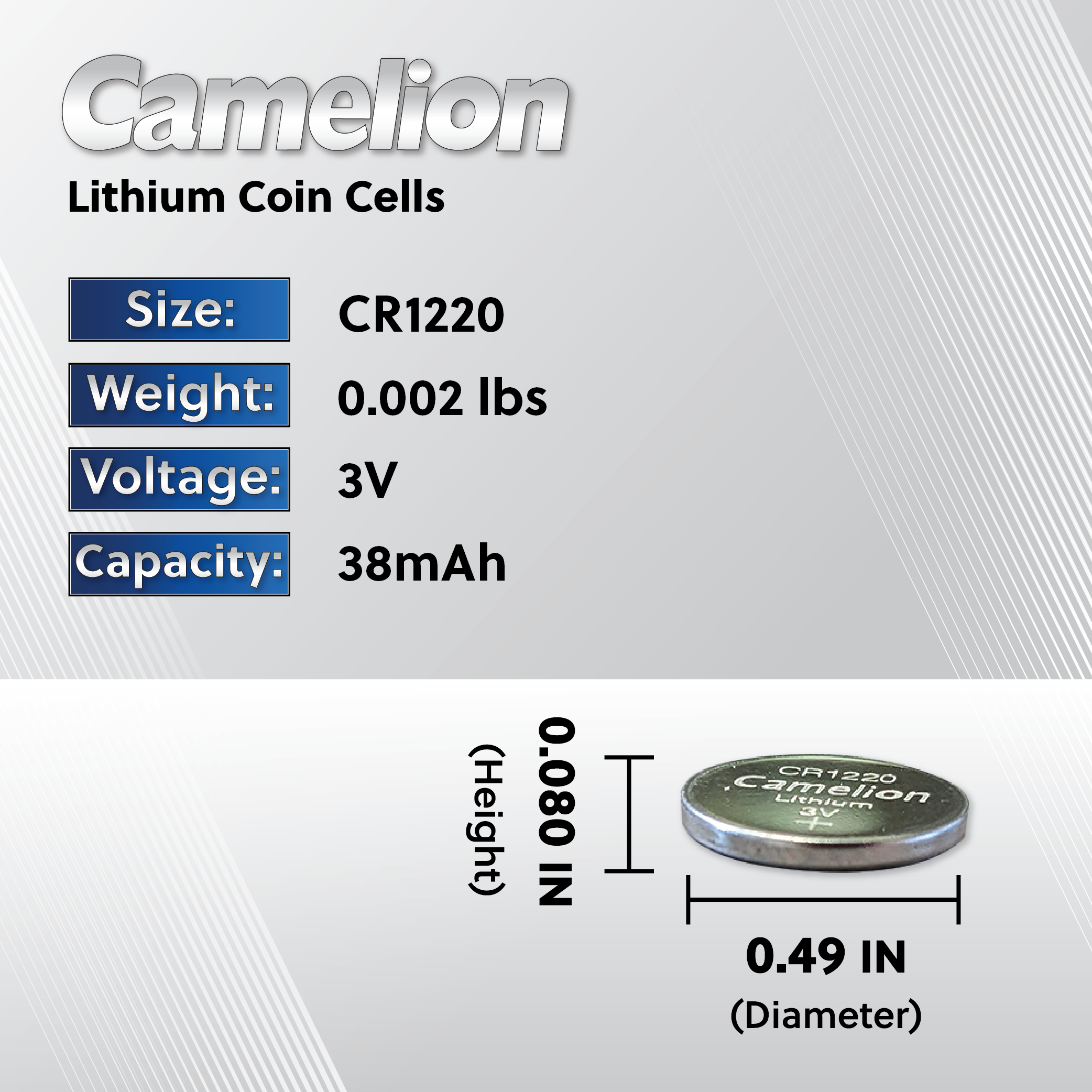 Camelion Batería de botón de litio CR1220 de 3 V